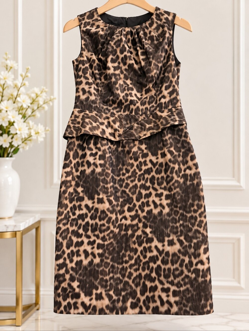 Anne Klein Sleeveless Leopard-Print Peplum Dress in Brown